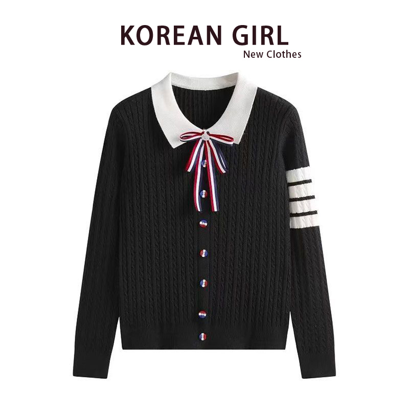 College Style Four-Stripe Polo Collar Long-Sleeve Knit Sweater for Women, Autumn and Winter Design, Niche Pullover Cable Knit Sweater Jacket