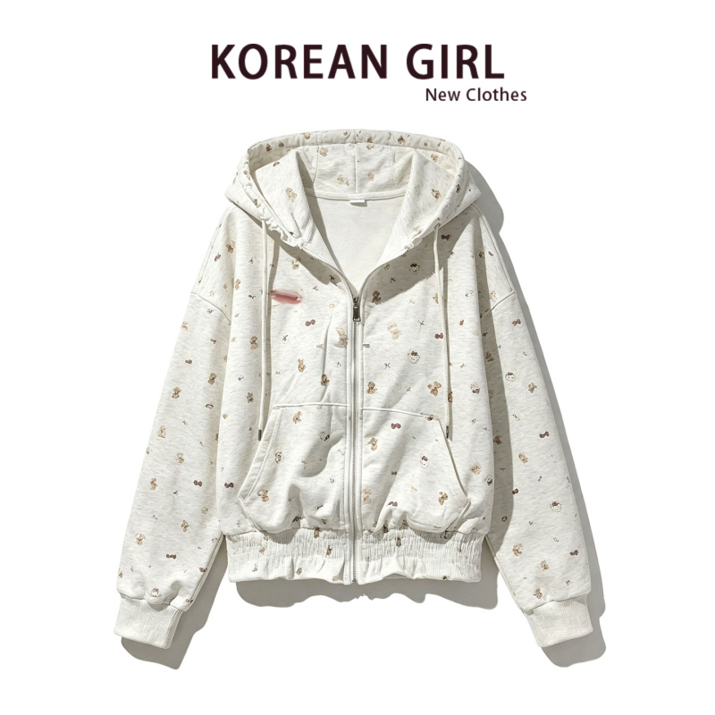 American Retro Style Full-Print Pleated Hooded Sweatshirt for Women, New Autumn Style, Lazy Style, Short, Loose, Slimming Top Jacket