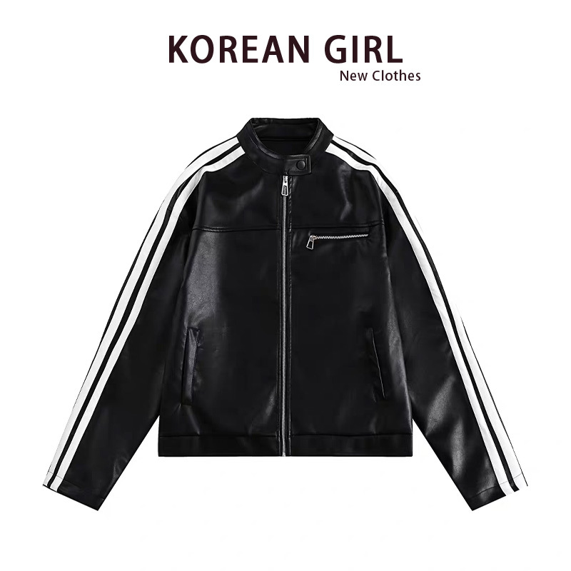 Sweet and Cool Black Striped Stand-Up Collar Jacket for Women 2025 Spring and Autumn New American Style High-End Shoulder-Length Pu Leather Jacket Trendy