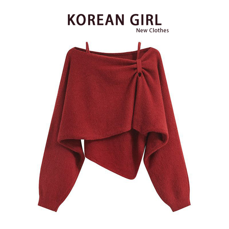French-Style Slanted Collar Red Christmas Sweater for Women, New Autumn and Winter Layered Knitted Blouse and Camisole Two-Piece Set