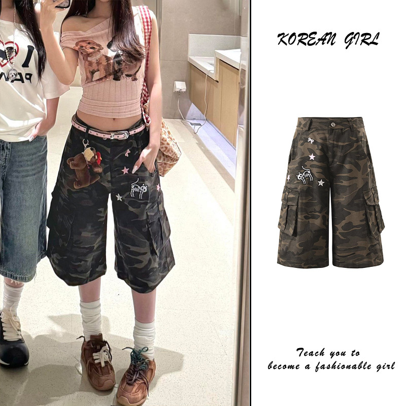 2026 Summer American Style Multi-Pocket Camouflage Capri Pants for Women New Trendy Brand Straight Wide-Leg Casual Cargo Shorts