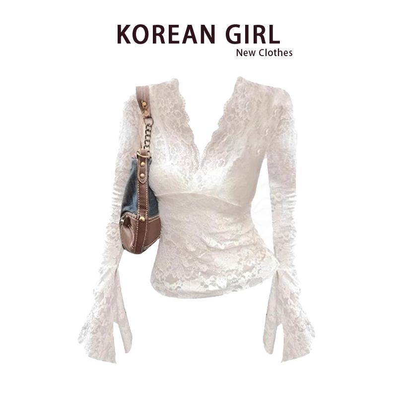Pure Desire Hot Girl White Bell Sleeve Lace Top Women's Autumn New Design Slim Fit Sweet and Spicy Short Top