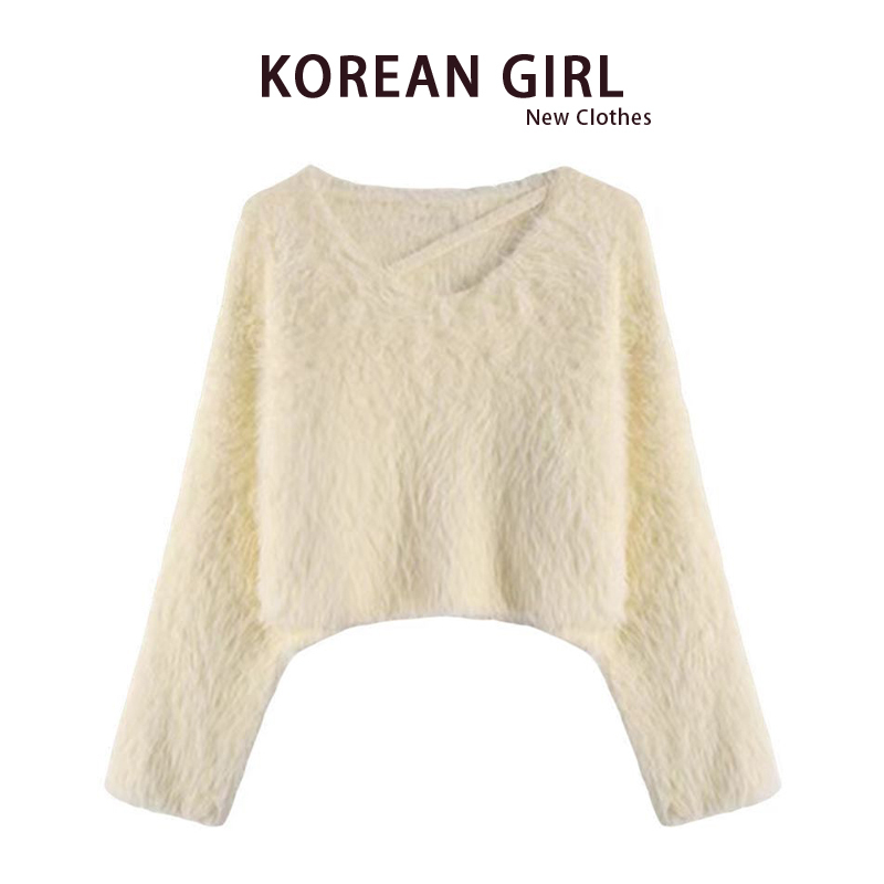 Mink Velvet White Short V-Neck Sweater for Women, New Autumn and Winter Thickeneded Soft and Waxy Lazy Style Mohair Knitted Top