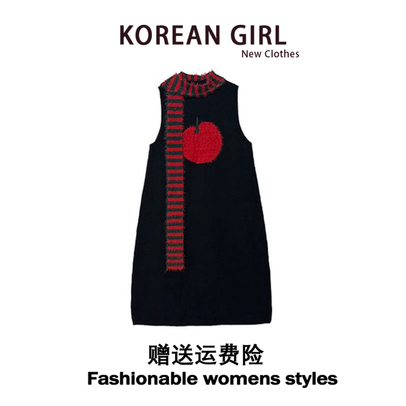 Sweet and Cute Apple Scarf Knitted Vest Dress for Women, Spring and Autumn, Petite Sleeveless Mid-Length Sweater Dress