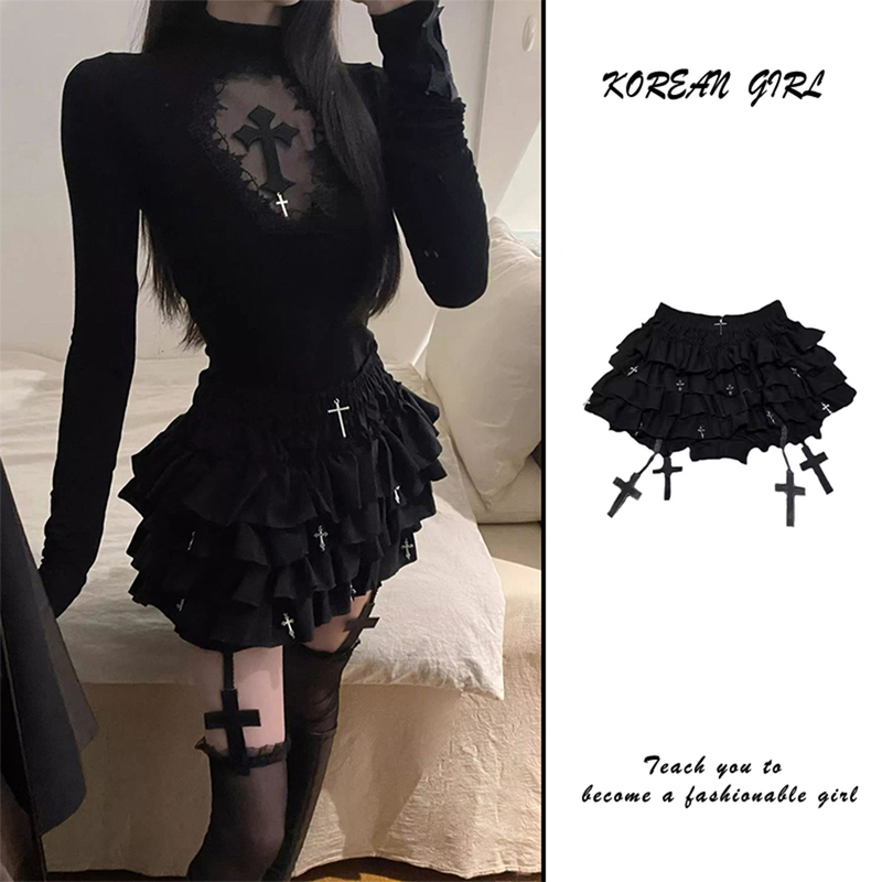 Subculture Gothic Style Cross Black Cake Skirt Women's Autumn Hot Girl Tutu Skirt High-Waisted Short Skirt Subculture Gothic Style Cross Black Cake Skirt Women's Autumn Hot Girl Tutu Skirt High-Waisted Short Skirt