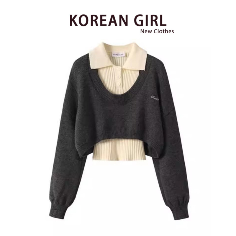 2026 Spring and Autumn New American Style Short Sweater for Petite Women with Design Sense, Polo Collar Knitwear Two-Piece Set Top 2026 Spring and Autumn New American Style Short Sweater for Petite Women with Design Sense, Polo Collar Knitwear Two-Piece Set Top