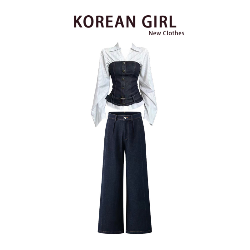 Retro Denim Tube Top Layered with Shirt and Wide-Leg Pants Set for Women, Autumn Korean Style High-End Casual Outfit Three-Piece Set