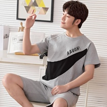 Mens pajamas summer short sleeve cotton thin youth fattening plus size student home clothing cotton suit summer