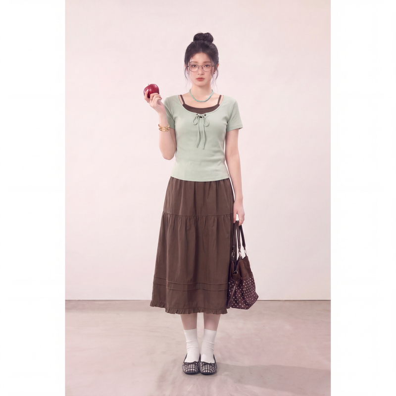 Mooch Duoduojiang Plus Size Women's Clothing Mint Milk Green Fake Two-Piece T-Shirt Women's Slimming Top Summer Wp1339A
