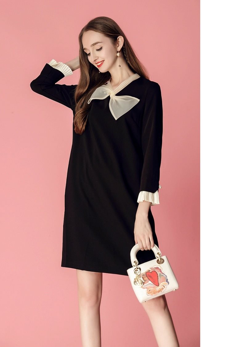 Autumn 2019 new women's Hepburn style small black dress French retro bow thin organza dress