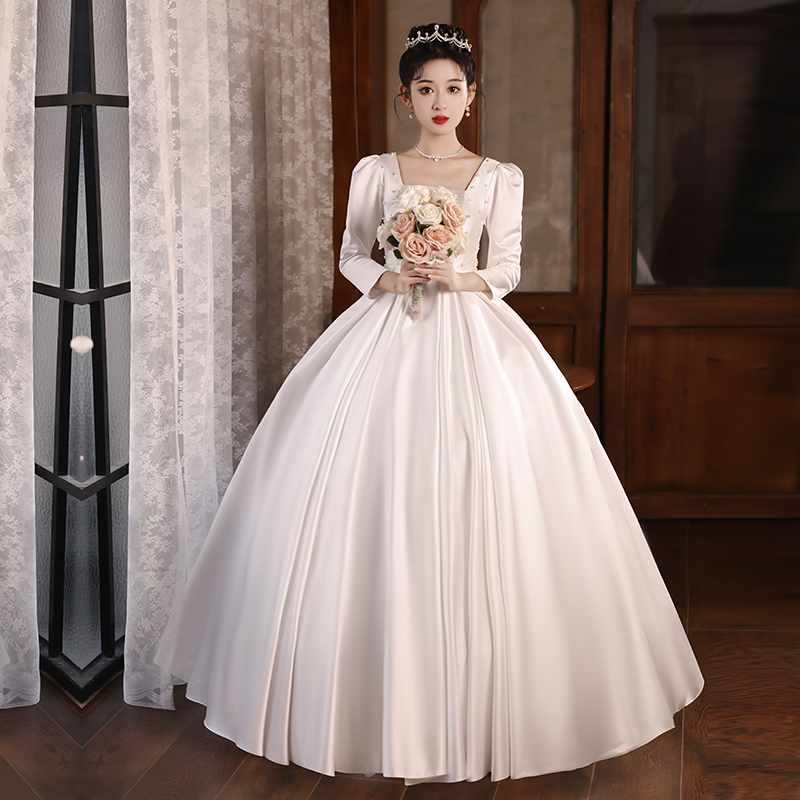 Maternity Wedding Dress, Satin Long Sleeves, Plus Size, for Chubby Brides, Floor-Length, French Style, High-End Texture, Palace Style