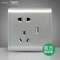 Schneider switch socket Fengshang texture silver USB five-hole socket two or three plug 1A silver panel gray household