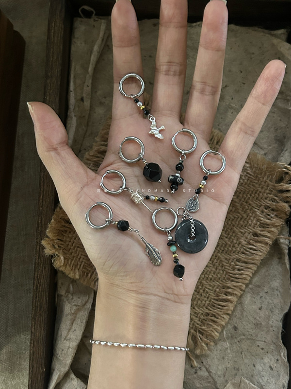 "Zaxi Delle 2.0·Black Series" Tibetan-Style Original Agate Obsidian Beaded Earrings Can Be Converted into Ear Clips