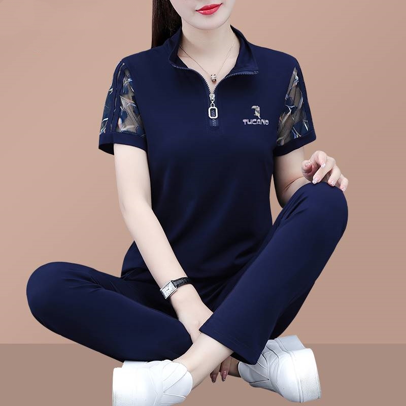 High-End Ice Silk Sportswear Suit for Women, Summer 2023 New Style, Middle-Aged Mother's Casual Short-Sleeved Long Pants Two-Piece Set