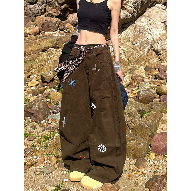Sixminu American Retro Leopard Print Belt-Decorated Cargo Pants for Women, Star Embroidery Scimitar Pants, Unisex Wide-Leg Pants