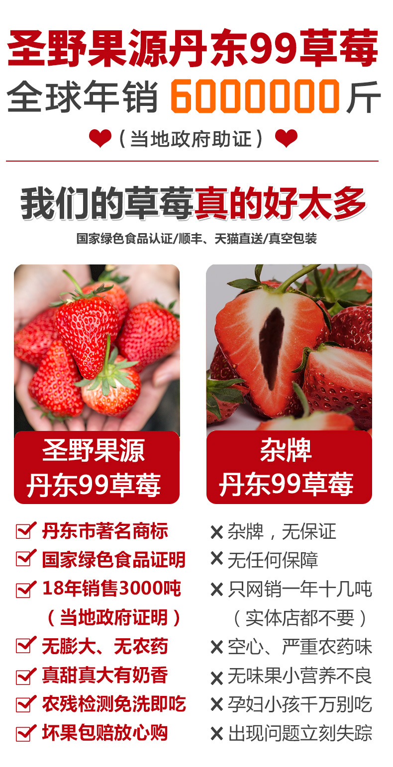 圣野果源 丹东东港 99红颜奶油草莓 3斤 图1