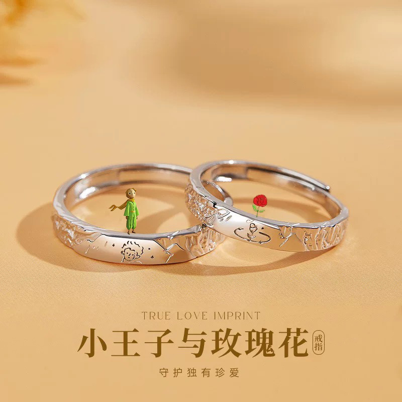 The Little Prince and the Rose 999 Sterling Silver Couple Rings Simple Niche Adjustable Rings Holiday Gift for Girlfriend