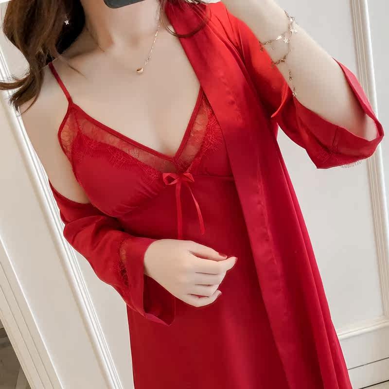 Spring and autumn pajamas women's summer silk lace suspender nightdress nightgown two-piece set bridal morning gown wedding red bathrobe