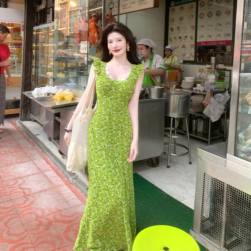 Rosselora【The Wizard of Oz】Original Design Green Lace Suspender Dress, White-Enhancing High-Waisted Long Skirt