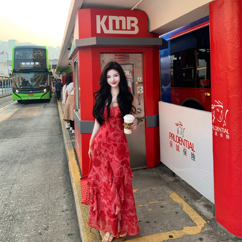 Rosselora【Alluring】Red Printed Suspender Dress 2026 New Ruffled Asymmetrical Long Skirt Rosselora【Alluring】Red Printed Suspender Dress 2026 New Ruffled Asymmetrical Long Skirt