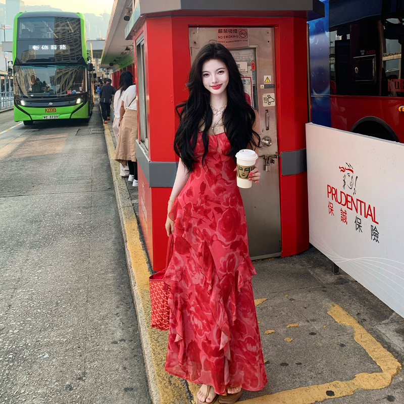 Rosselora【New Product on April 21St】Red Printed Suspender Dress with Ruffled Hem and Asymmetrical Hem Long Skirt