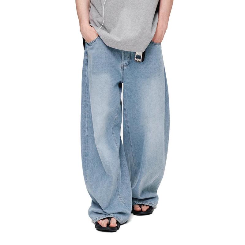 Kernhafen American-Style Floor-Length Wide-Leg Jeans for Men, Retro Washed, Lazy and Loose Straight-Leg Pants