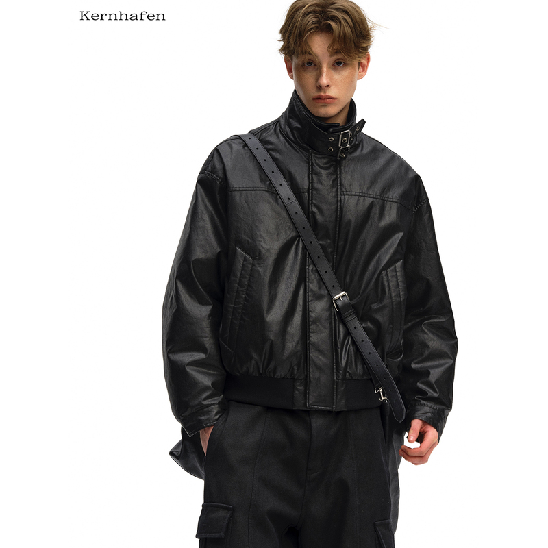 Kernhafen High-End Private Label 90 White Goose down Faux Leather Washed down Jacket Motorcycle Leather Jacket Men's Jacket