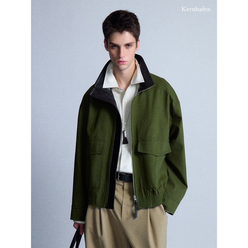 Retro New Style Sheepskin Leather Patchwork Stand Collar Jacket for Men |   Kernhafen