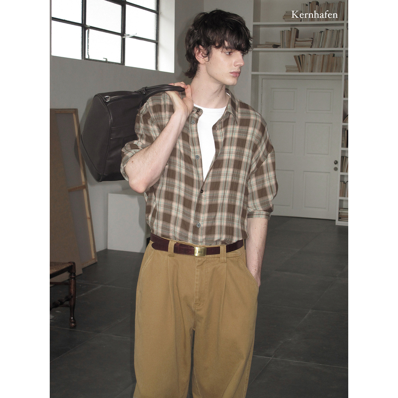 Early Autumn Outfit Preview: Imitation Copper Ammonia Lazy Retro Plaid Long-Sleeve Shirt |   Kernhafen