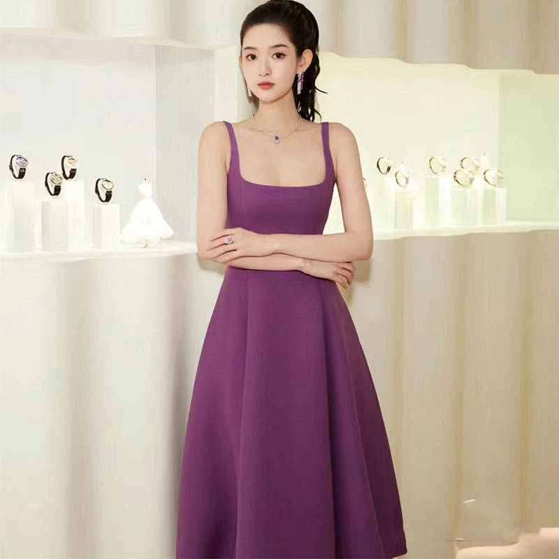 Silk Wool Long Sleeveless Strap Dress with Waist-Cinching, Slimming, Elegant, Solid Color Black, Pink, Purple, Large Hem, Formal Dress, Long Dress, Dress
