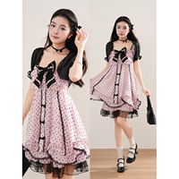 Cocoa Forest Japanese sweet Nana style pink polka dot suspender dress for women summer chiffon bud skirt