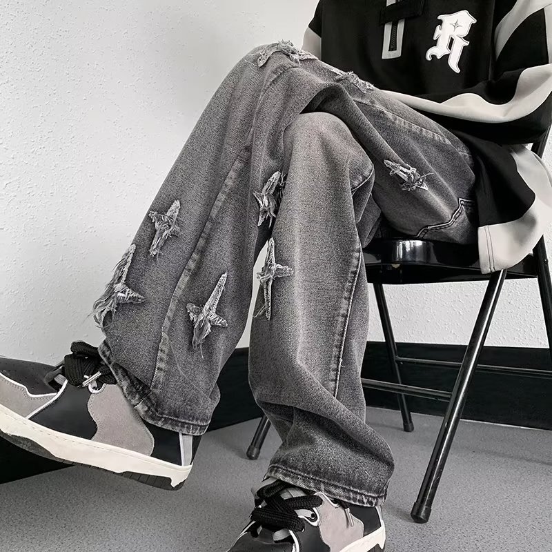 American High Street Black and Gray Jeans for Men, Spring and Autumn Hip-Hop Cross Pants, European and American Style, Cool and Stylish, Slightly Flared Straight-Leg Trousers American High Street Black and Gray Jeans for Men, Spring and Autumn Hip-Hop Cross Pants, European and American Style, Cool and Stylish, Slightly Flared Straight-Leg Trousers