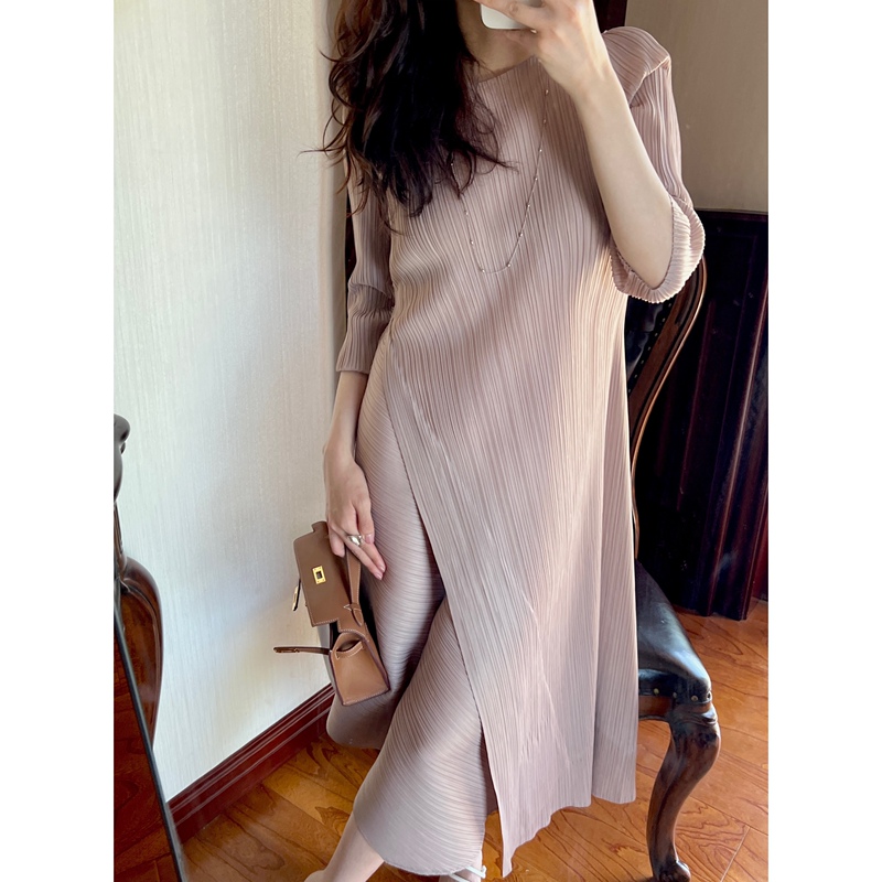 Multi-Color Summer/Pleated Asymmetrical Design Three-Quarter Sleeve Round Neck Slimming Accordion Casual Silhouette Dress Multi-Color Summer/Pleated Asymmetrical Design Three-Quarter Sleeve Round Neck Slimming Accordion Casual Silhouette Dress