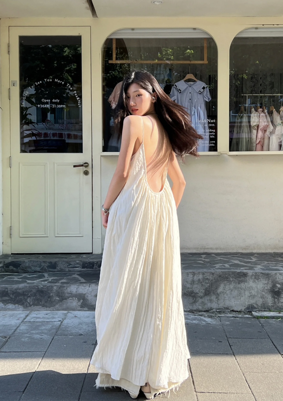 Zhong Chuxi's Same Style Summer Vacation Style Suspender Goddess Dress, Sleeveless Backless Dress, New White Loose Long Dress Zhong Chuxi's Same Style Summer Vacation Style Suspender Goddess Dress, Sleeveless Backless Dress, New White Loose Long Dress