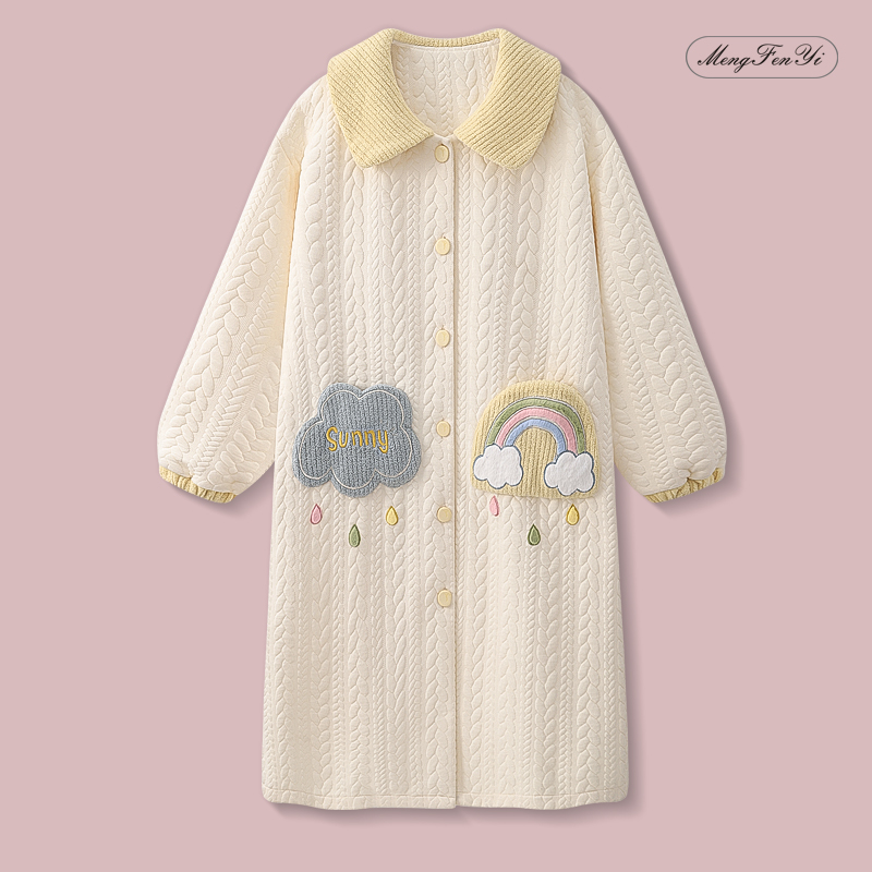 Advanced Senses Sleeping Skirt Woman Autumn Winter Air Cotton Long Sleeve Three Mezzanine Thickened Pyjamas Cute Winter Style Sleeping Robe Home-Taobao
