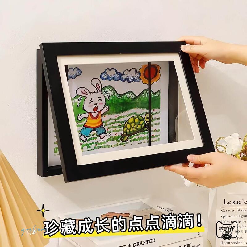 Children's Painting Storage Frame Wall Display Rack, No-Drill Photo Frame with Magnetic Flip Cover, A3 Drawing Paper, Large Capacity for 100 Sheets