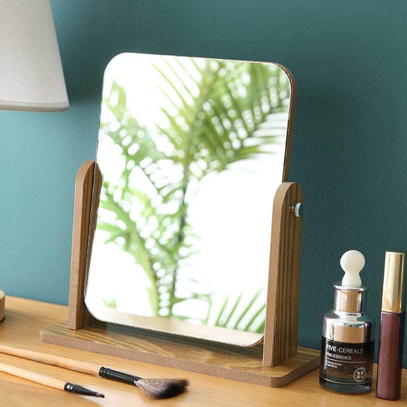 High definition wooden female desktop make-up mirror swivel comb makeup mirror single-sided folding beauty mirror Student Dormitory Desktop Mirror 