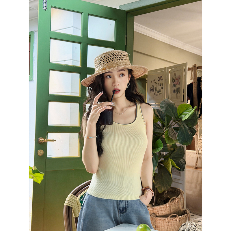 Su Mian Cream Yellow Knitted Vest Summer New Korean Style Soft Slim Fit U-Neck Wide Strap Sleeveless Top for Women