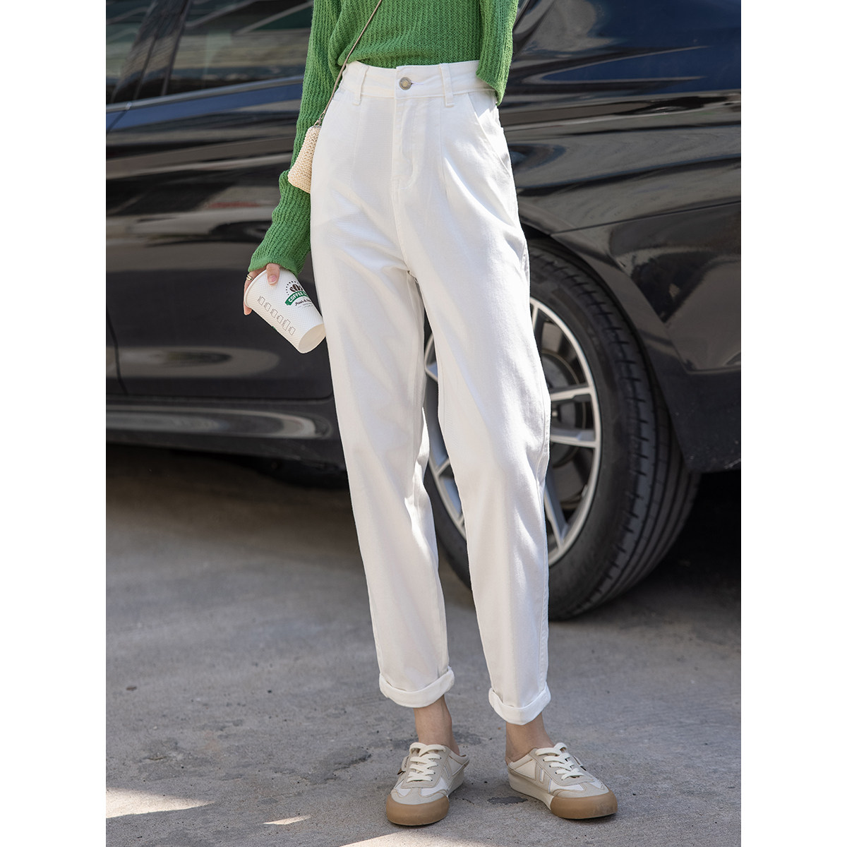 White jeans girl 2022 new high waist straight tube pants loose and thin legs spring and autumn casual pants