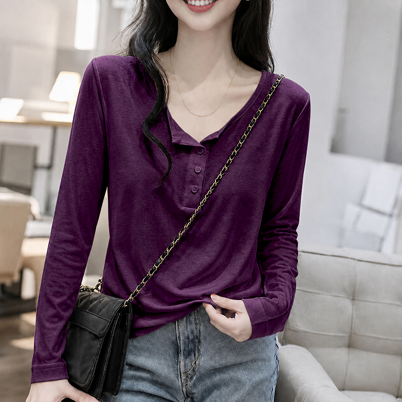 95% Cotton Purple Henley Collar Long-Sleeve T-Shirt for Women, 2026 Autumn New Style, Loose Fit, Tummy-Covering, Slimming, Versatile Top 95% Cotton Purple Henley Collar Long-Sleeve T-Shirt for Women, 2026 Autumn New Style, Loose Fit, Tummy-Covering, Slimming, Versatile Top