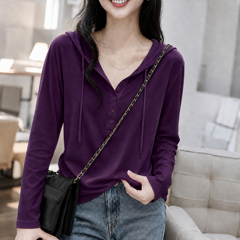 Purple Henry Collar Long-Sleeve T-Shirt for Women, 2026 Autumn and Winter New Style, Loose and Versatile, Elegant and Age-Reducing Hooded Top ins Trendy