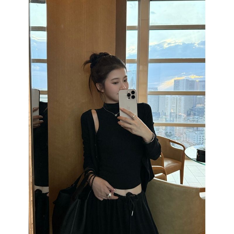 Black Half-High Collar Early Autumn Two-Piece Set Camisole High-Neck Short Long-Sleeve Autumn Casual Slimming Fashion Suit