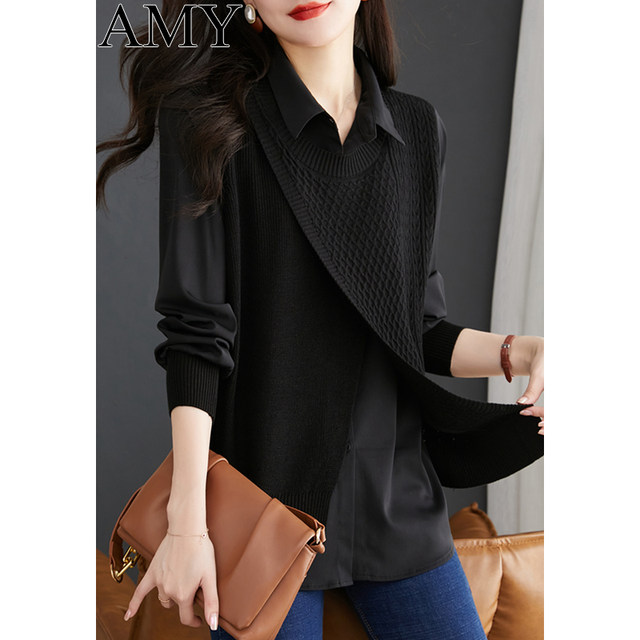 New irregular design knitted fake two-piece shirt 2022 autumn loose simple luxury style lapel outer top for women