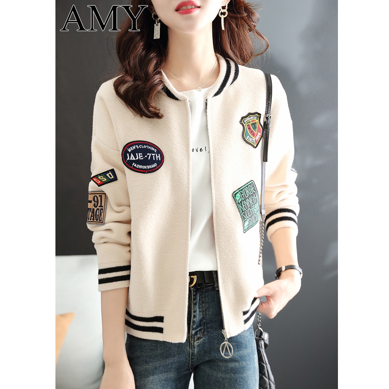 2026 Spring New Women's Fashion Label Short Baseball Jacket Loose Long Sleeve Coat with Pockets for Petite Women