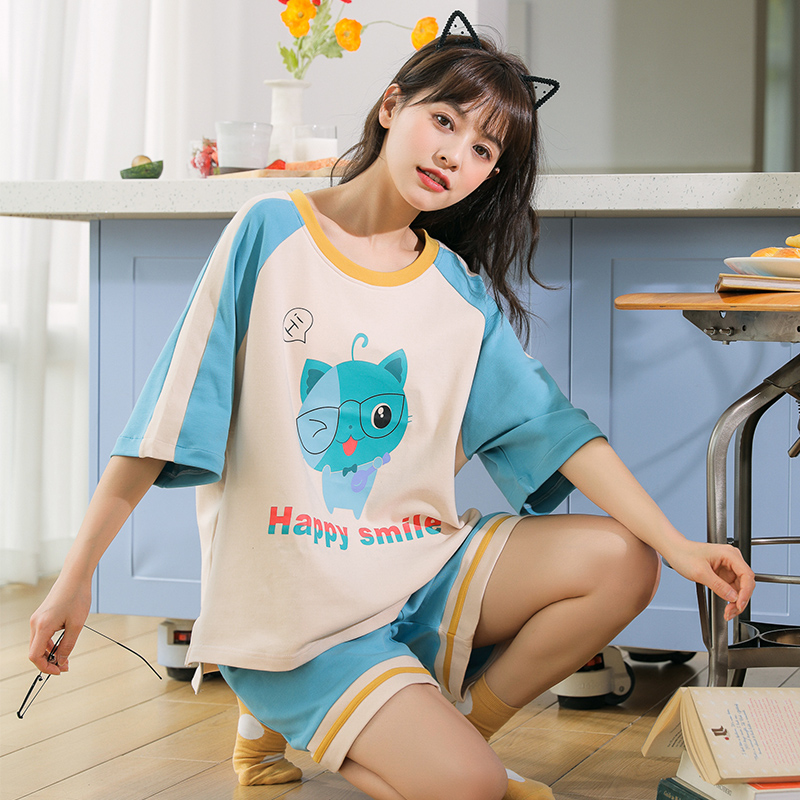 Bộ đồ ngủ nữ mùa hè cotton ngắn tay áo model mỏng có thể mặc quần áo nhà hai mảnh bộ mùa hè in quần áo nhà sinh viên thủy triều.