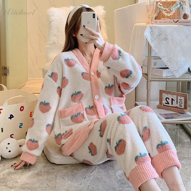 Coral Vavet Pajamas Fall Winter 2021 New Sweet Lady thickens plus flannel long sleeve home suit
