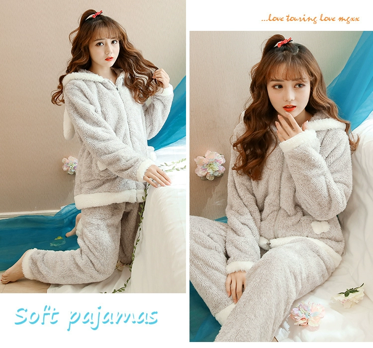 Bộ đồ ngủ Nam Cực mùa thu đông cho nữ lông cừu dài tay dễ thương phiên bản Hàn Quốc của bộ đồ ấm áp làm dày flannel phụ nữ phục vụ nhà pijama tiểu thư
