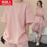 Đồ ngủ nam cực nam cotton mùa hè ngắn tay áo thun cạp quần màu rắn lỏng mùa hè Hàn Quốc phù hợp với dịch vụ nhà đồ bộ mặc nhà