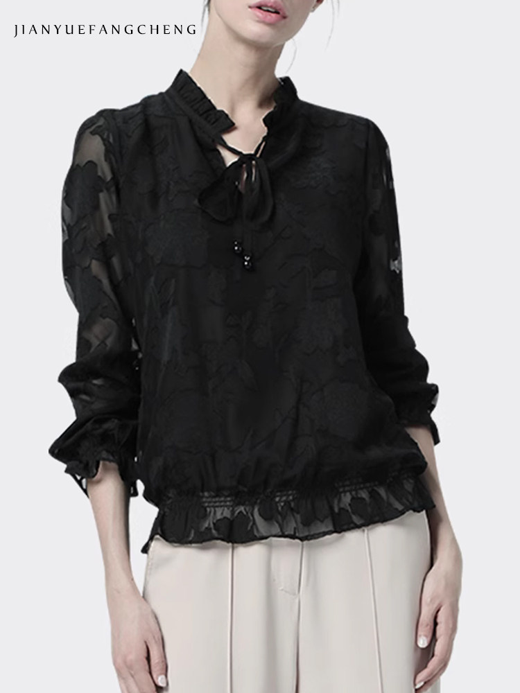 European Style Autumn Loose Chiffon Blouse for Women, Black Long-Sleeved Shirt, Slimming European Style Blouse