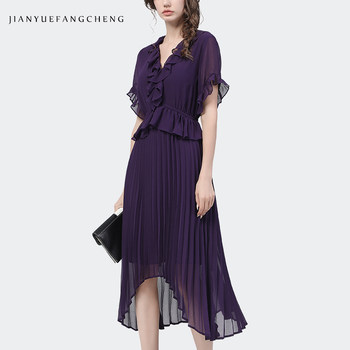 Western-style purple chiffon dress women's mid-length V-neck ruffled irregular long waist-length skirt